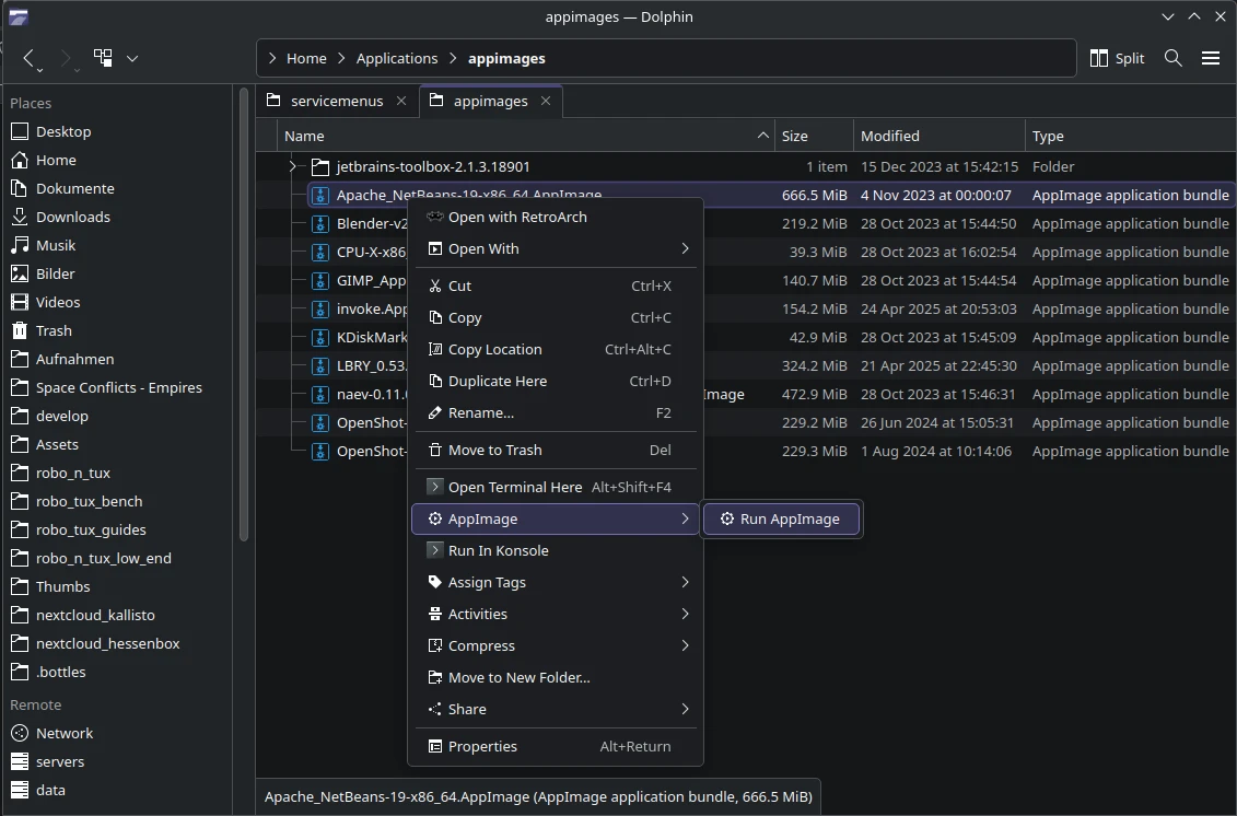 KDE Plasma AppImage Service Menü