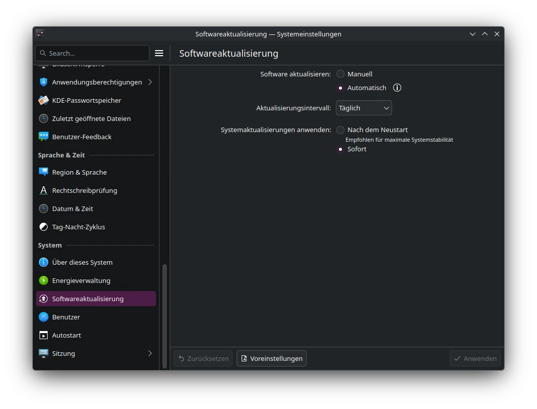 KDE Plasma Einstellungen für die Systemaktualisierung