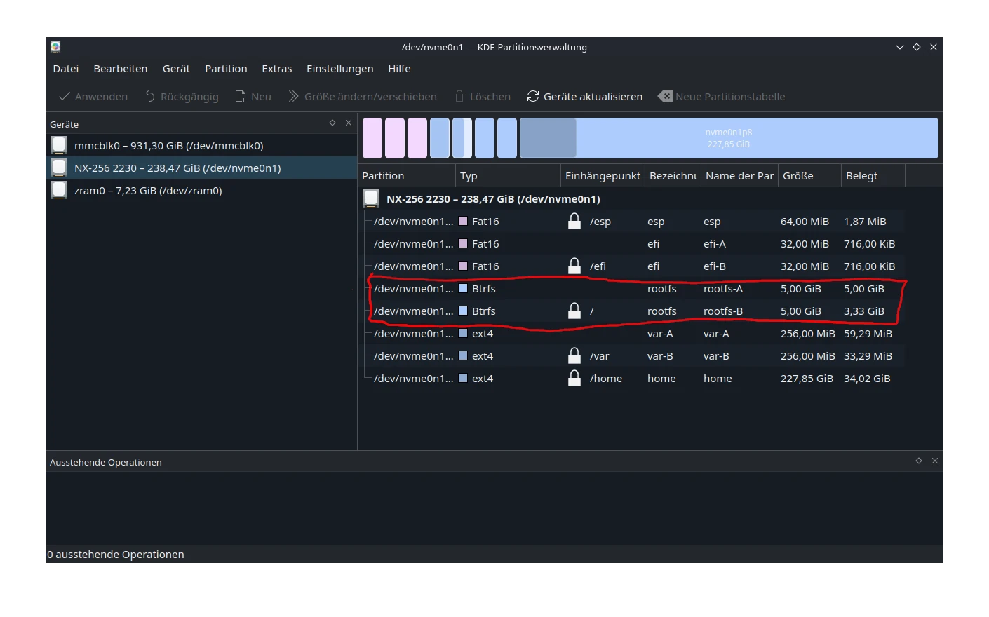 KDisks showing SteamOS root partitions formatted in the BtrFS filesystem