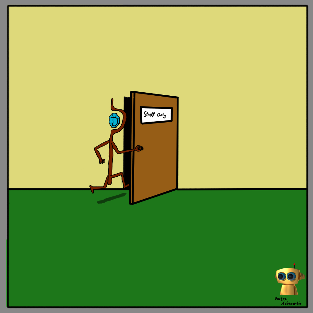 A magic wand with legs and arms walks into a door labeled as 'Staff Only'.