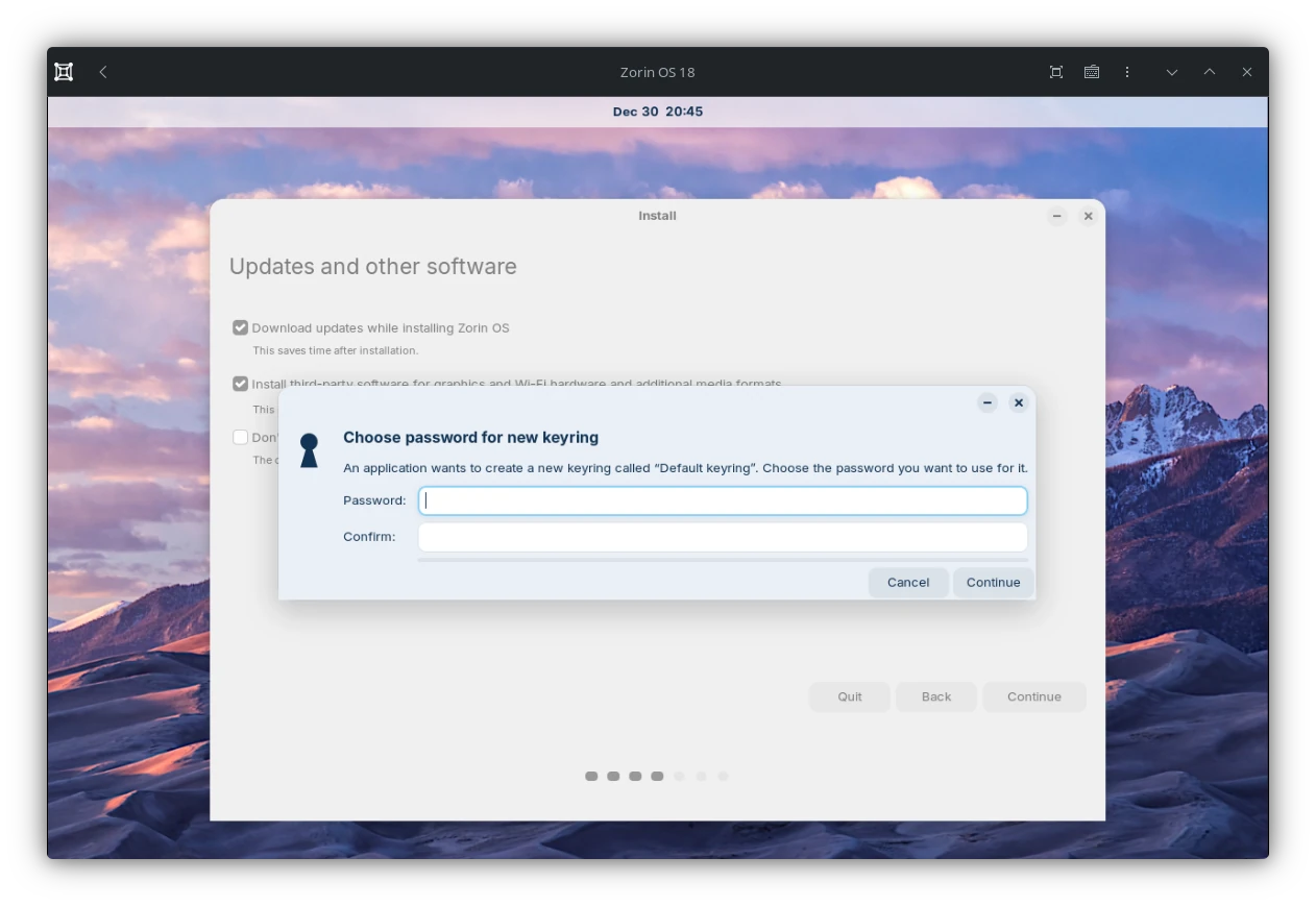 ZorinOS Installer - Schritt 4 - Keyring Passwort nach dem klick auf 'Learn more' setzten
